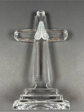 Vintage Towle 24% Lead Crystal Cross Figurine Frosted Praying Hands 8” Poland